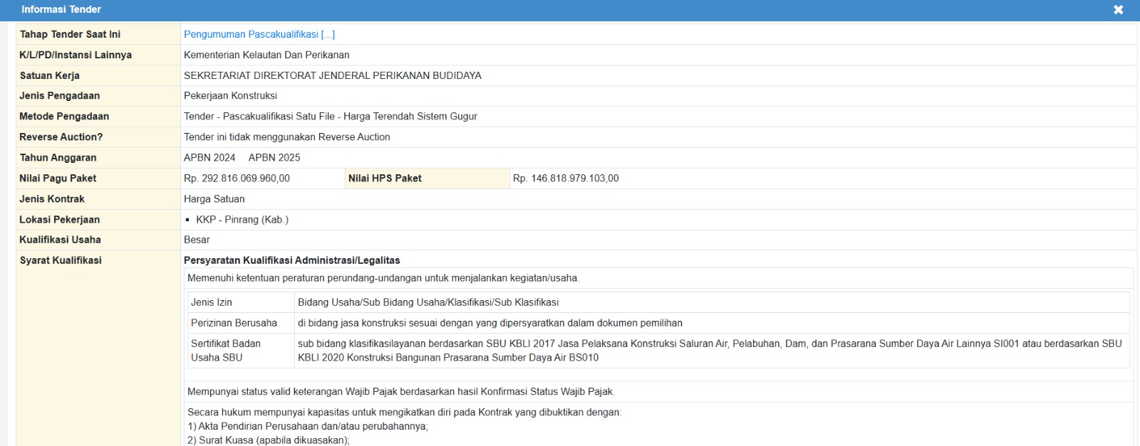 Tender Pembangunan Tambak UPT di Pinrang (BPBAP Takalar)